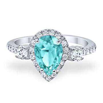 Three Stone Halo Teardrop Pear Fashion Ring Simulated Paraiba Tourmaline CZ 925 Sterling Silver